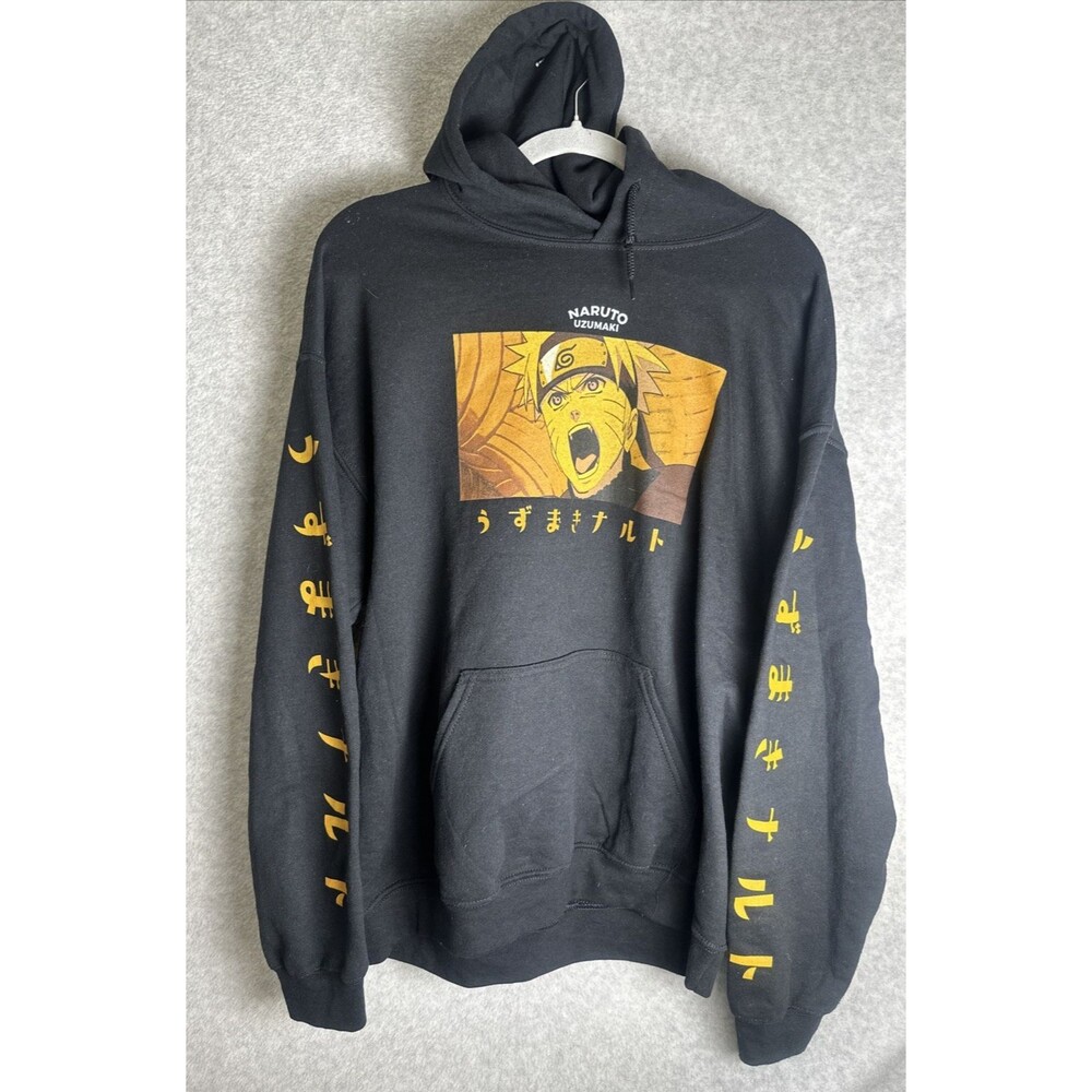 Naruto Shippuden Black Pullover Hoody Mens Sz L Black KUzumaki Yell Anime Manga